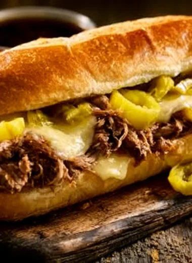 Juicy Italian Beef Sandwich with toppings on a wooden board