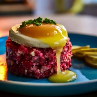 A plate of Labskaus, showcasing the vibrant mix of meat, potatoes, and beets.