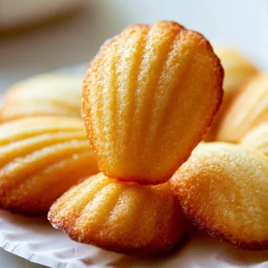 Classic French madeleines sponge cakes freshly baked and served on a plate