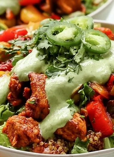 One-Pan Chicken Fajita Quinoa Bowls with vibrant vegetables and spices