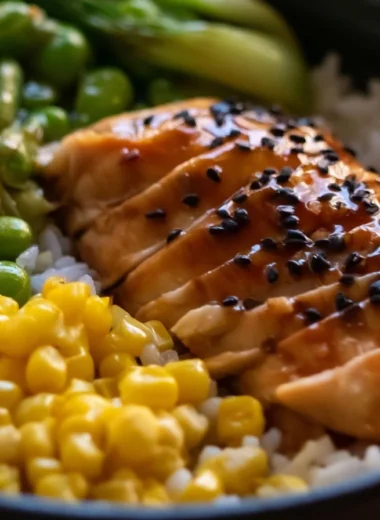 One-Pan Chicken with Bok Choy and Rice dish ready to serve