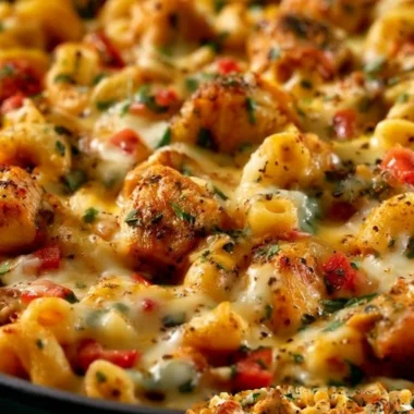 A plate of one-pan fajita chicken pasta with colorful bell peppers and chicken.
