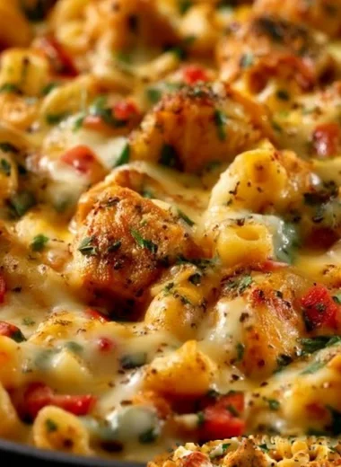 A plate of one-pan fajita chicken pasta with colorful bell peppers and chicken.