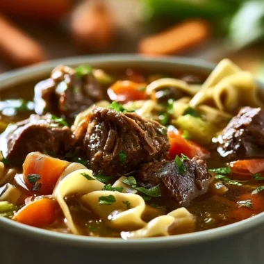 Bowl of one-pot German beef noodle soup with herbs and vegetables