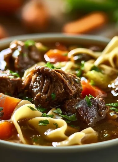 Bowl of one-pot German beef noodle soup with herbs and vegetables
