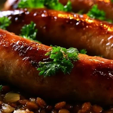 Delicious one-pot sausages and lentils dish served hot in a bowl