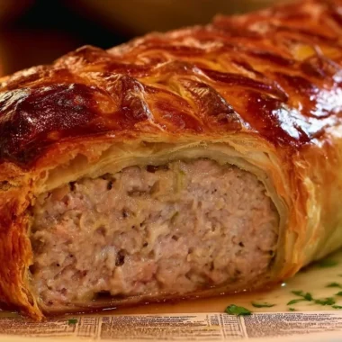 Homemade Pâté en Croûte served on a rustic wooden table, garnished with herbs