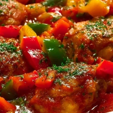Plate of Savory Basque Chicken with Peppers and herbs