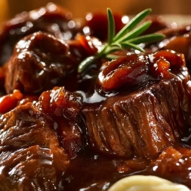 Delicious savory beef tips in rich gravy served on a plate.