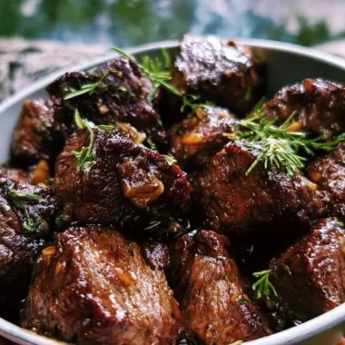 Savory garlic balsamic marinated steak bites on a rustic wooden platter
