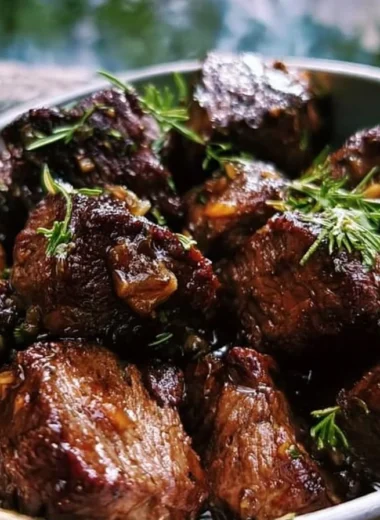 Savory garlic balsamic marinated steak bites on a rustic wooden platter
