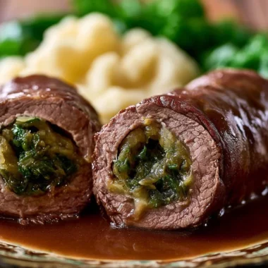 Savory German Rouladen with beef, mustard, and pickles served with gravy.