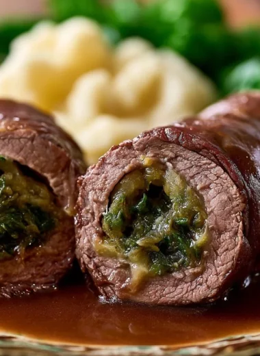 Savory German Rouladen with beef, mustard, and pickles served with gravy.
