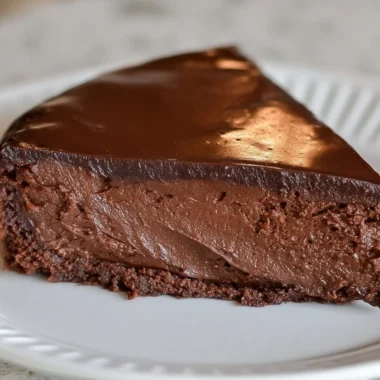 Delicious Silky French Chocolate Cake topped with chocolate glaze and berries.