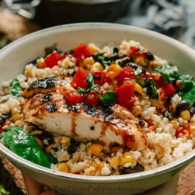 Sticky Honey Dijon BBQ Chicken Bowls filled with grilled chicken and fresh vegetables
