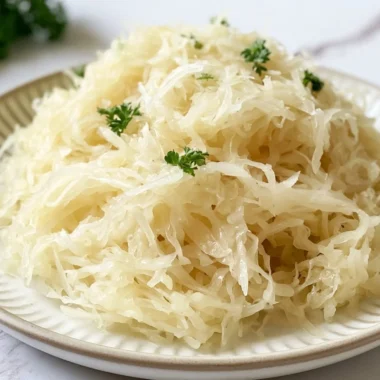 Homemade tangy German sauerkraut in a serving dish with herbs