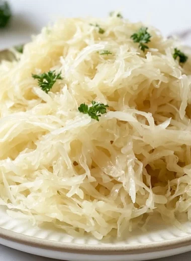 Homemade tangy German sauerkraut in a serving dish with herbs