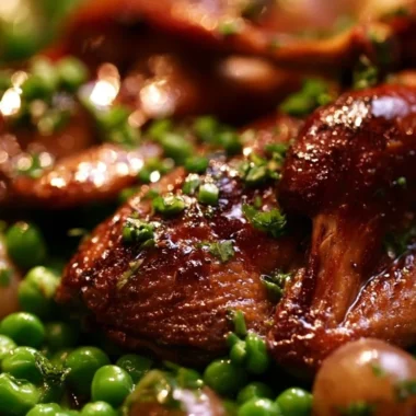 Plate of tender pigeon served with fresh peas in a savory sauce