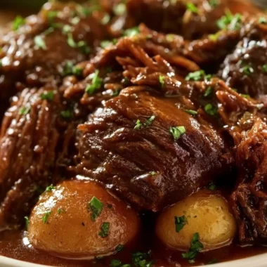 Delicious tender pot roast served with vegetables and herbs