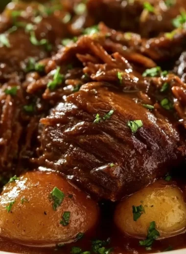 Delicious tender pot roast served with vegetables and herbs