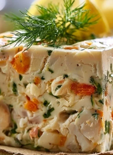 A beautifully presented terrine de poisson, showcasing its delicate layers and garnishes.