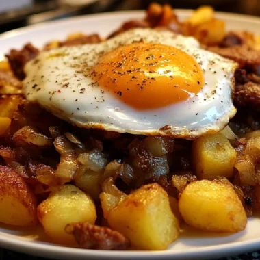 Hearty Tiroler Gröstl dish with potatoes, meat, and herbs served in a skillet.
