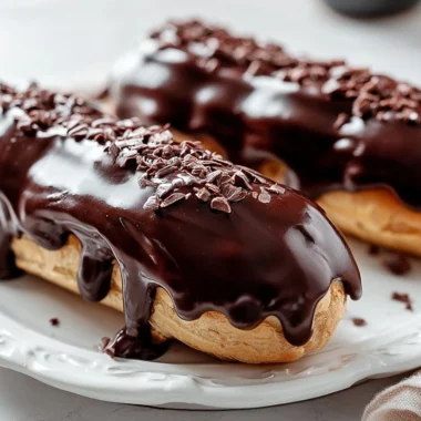Delicious traditional French éclairs filled with cream and topped with chocolate glaze.