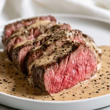 Delicious Traditional French Steak au Poivre served with creamy sauce and peppercorns.