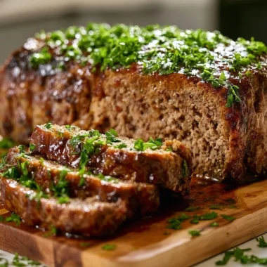 Traditional German meatloaf (Hackbraten) served with garnishes.