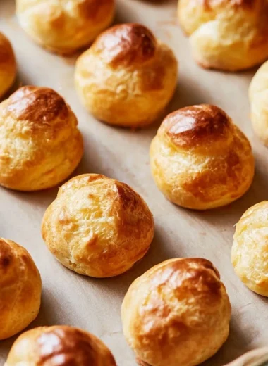 Traditional French gougères cheese puffs served on a plate