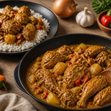 Plate of Authentic Jamaican Curry Chicken with vegetables and herbs