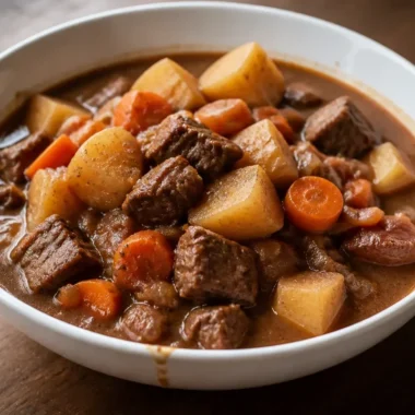 Delicious bowl of hearty beef stew with fresh vegetables and savory broth