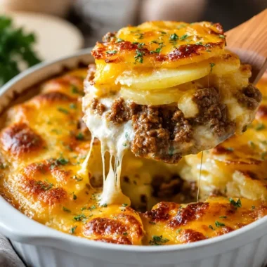 Cheesy hamburger potato casserole baked until golden and bubbly in a casserole dish.