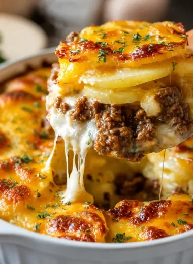 Cheesy hamburger potato casserole baked until golden and bubbly in a casserole dish.