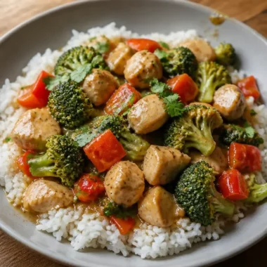 Coconut Chicken Rice Bowls with fresh herbs and vegetables