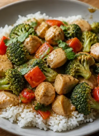 Coconut Chicken Rice Bowls with fresh herbs and vegetables