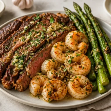 Cozy garlic butter ribeye steak and shrimp served on a plate