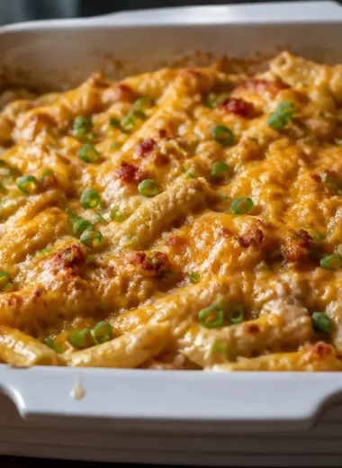 Delicious Crack Chicken Casserole topped with cheese and herbs