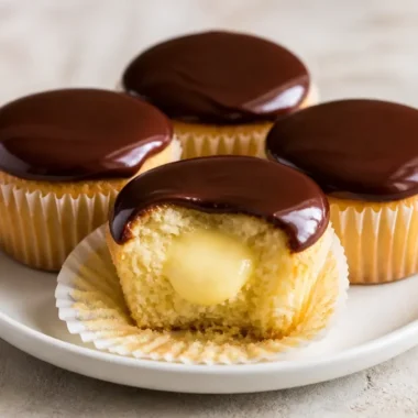 Boston Cream Pie cupcakes topped with rich chocolate ganache and creamy filling.
