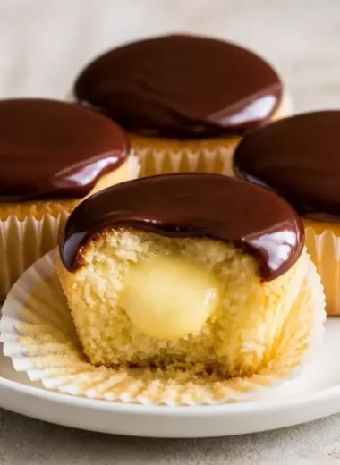 Boston Cream Pie cupcakes topped with rich chocolate ganache and creamy filling.