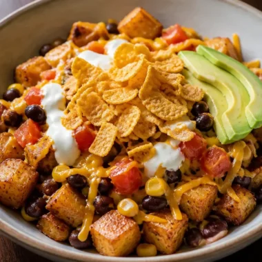 Delicious creamy loaded potato taco bowl topped with fresh ingredients