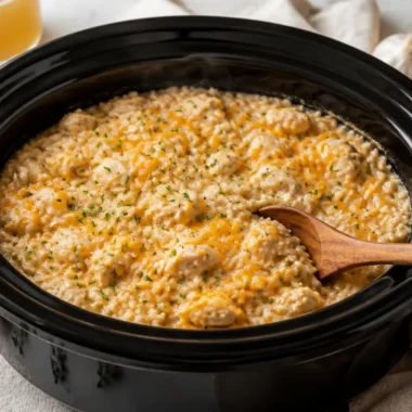 Creamy slow-cooker chicken and rice served in a bowl with fresh herbs