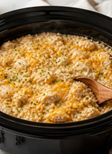Creamy slow-cooker chicken and rice served in a bowl with fresh herbs