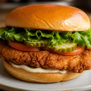 Delicious crispy chicken sandwich served with fresh toppings and sides