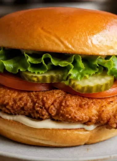 Delicious crispy chicken sandwich served with fresh toppings and sides