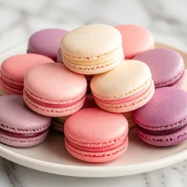 Plate of crispy French macarons in assorted colors and flavors