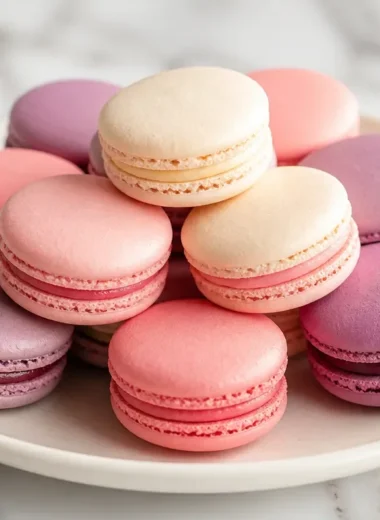 Plate of crispy French macarons in assorted colors and flavors