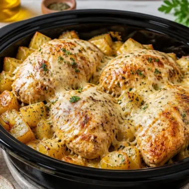 Crockpot garlic parmesan chicken served with potatoes