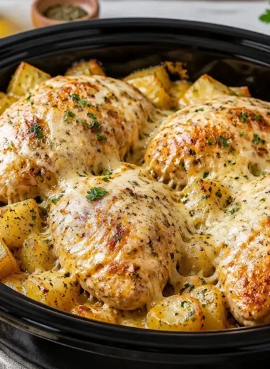 Crockpot garlic parmesan chicken served with potatoes