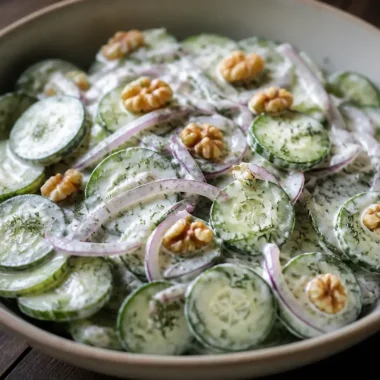 Cucumber Dill Salad with Crunchy Walnuts garnished with fresh herbs in a bowl